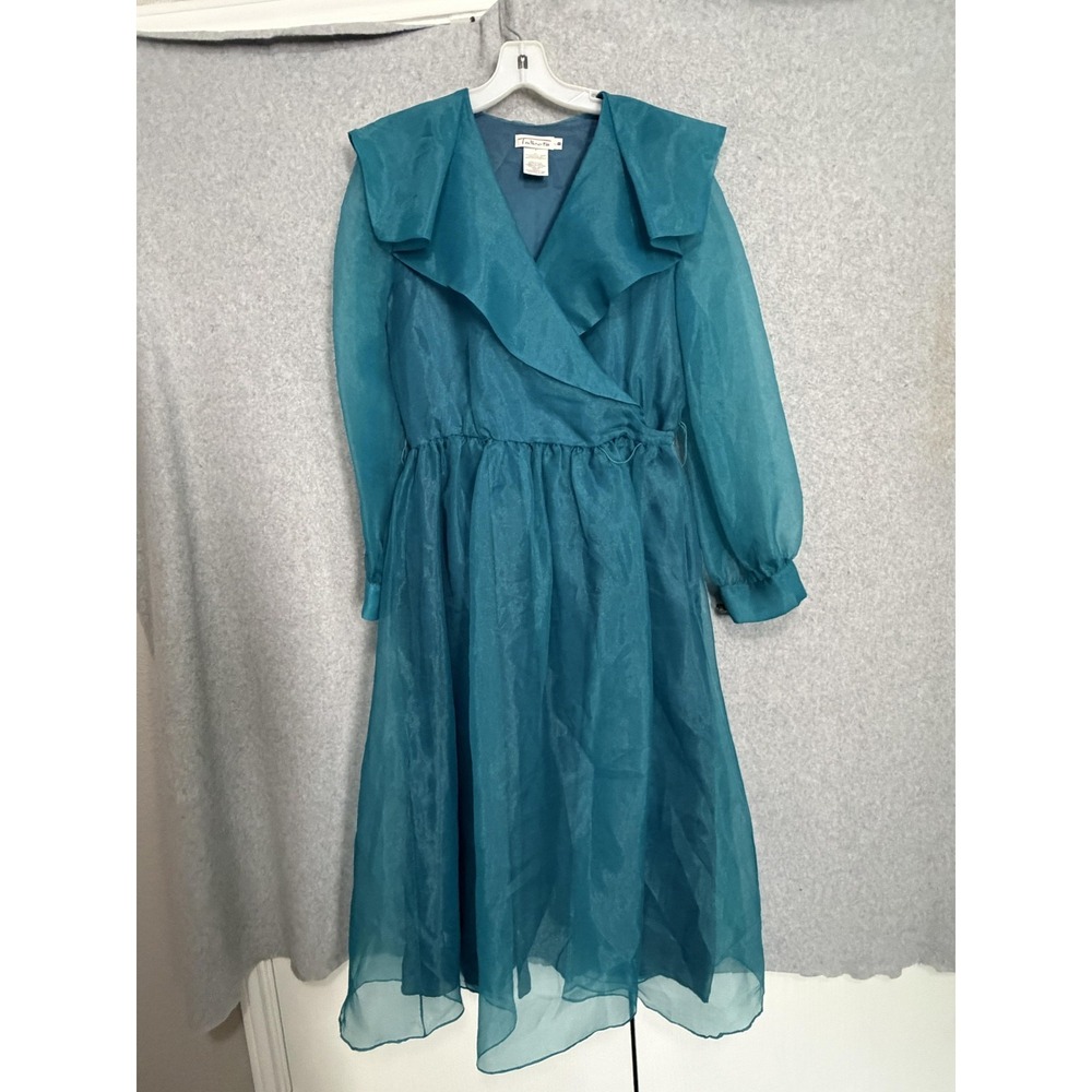 Vintage Talbots Dress Womens 8 Blue Chiffon‎ Wrap Long Sleeve Maxi Rhinestone